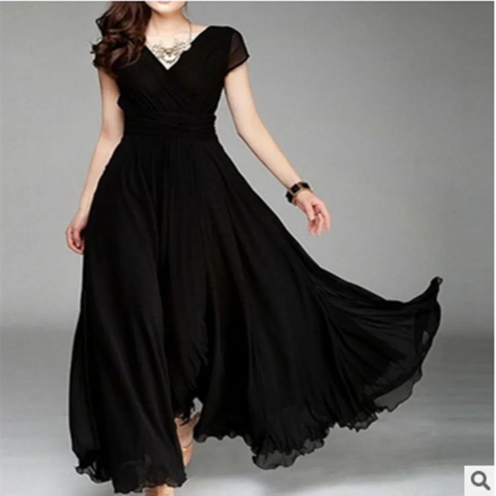 V-neck Pure Color High Waist Long Party Dress