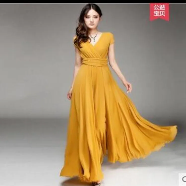 V-neck Pure Color High Waist Long Party Dress