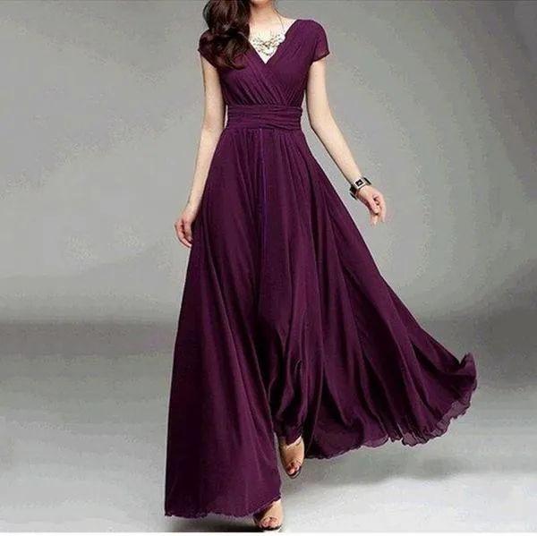 V-neck Pure Color High Waist Long Party Dress