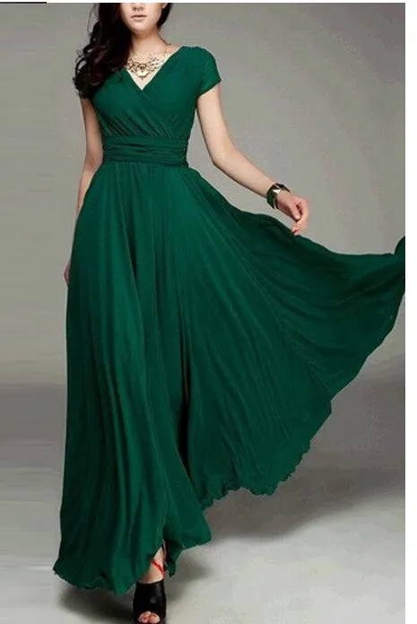 V-neck Pure Color High Waist Long Party Dress