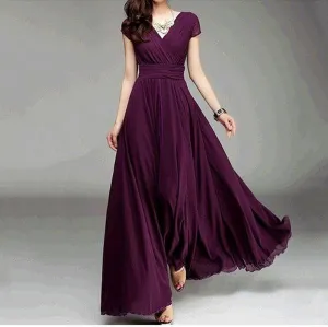 V-neck Pure Color High Waist Long Party Dress