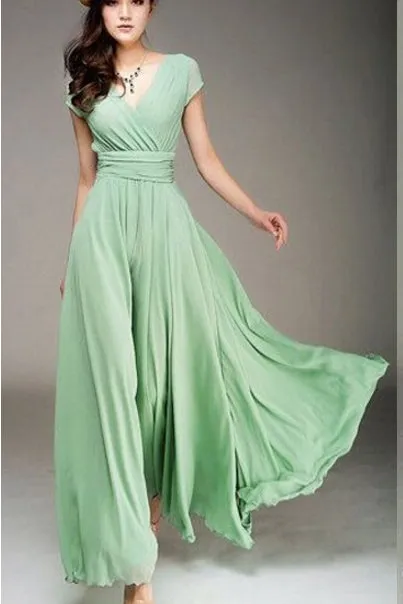 V-neck Pure Color High Waist Long Party Dress