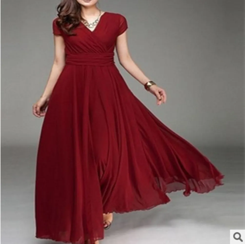 V-neck Pure Color High Waist Long Party Dress