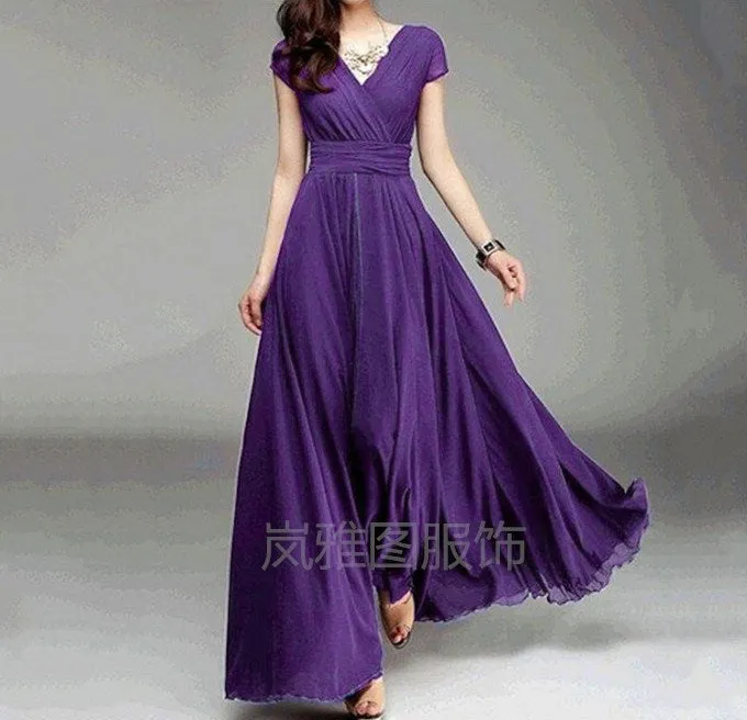 V-neck Pure Color High Waist Long Party Dress