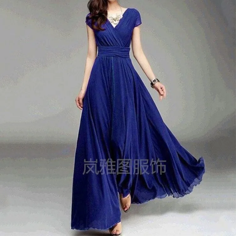 V-neck Pure Color High Waist Long Party Dress