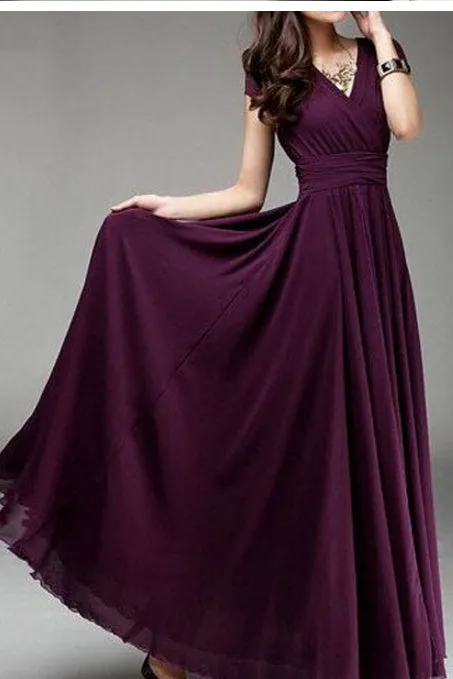 V-neck Pure Color High Waist Long Party Dress