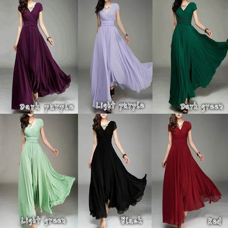 V-neck Pure Color High Waist Long Party Dress