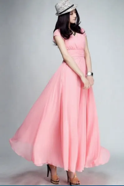 V-neck Pure Color High Waist Long Party Dress