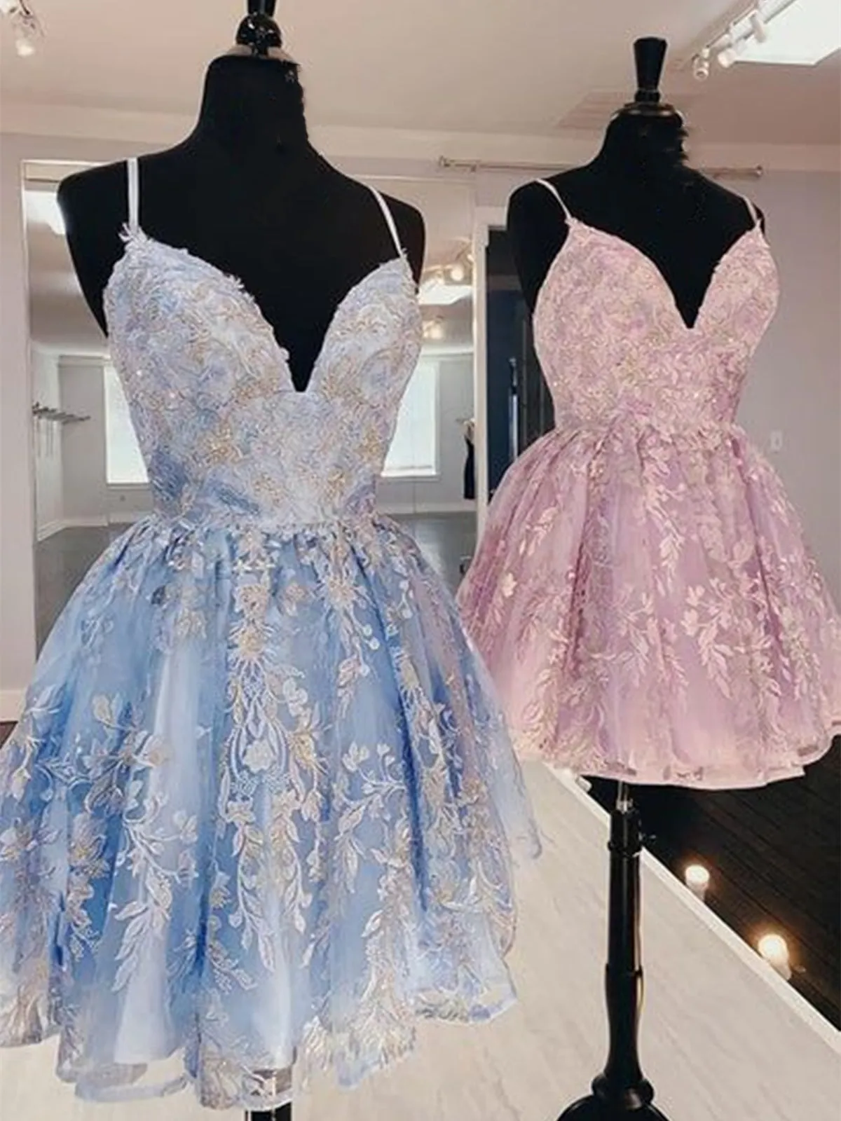 V Neck Short Blue Purple Lace Prom Dresses, Short V Neck Purple Blue Lace Homecoming Dresses