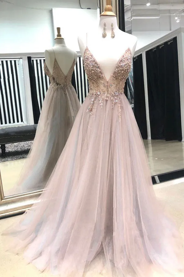 V-Neck Spaghtti Straps Light Grey-Blush Prom Dresses with Split, Beaded Prom Dresses,MP471