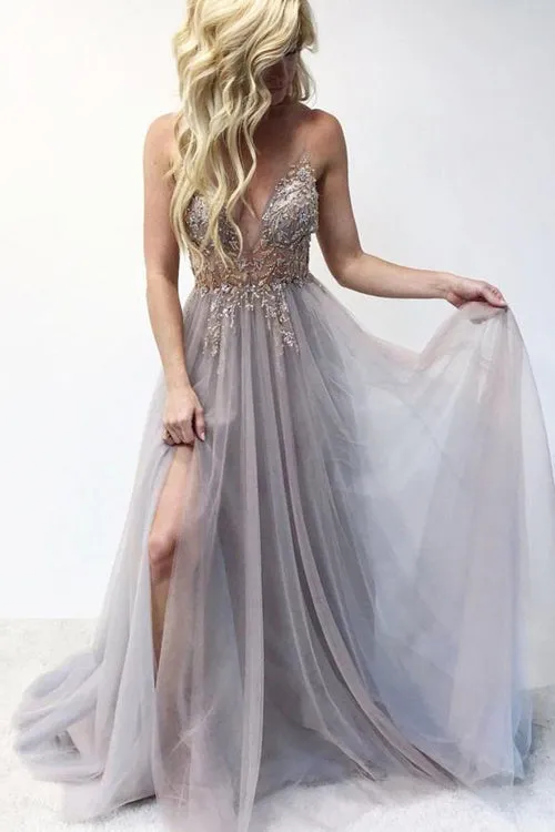 V-Neck Spaghtti Straps Light Grey-Blush Prom Dresses with Split, Beaded Prom Dresses,MP471