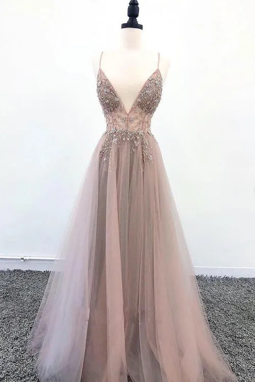 V-Neck Spaghtti Straps Light Grey-Blush Prom Dresses with Split, Beaded Prom Dresses,MP471