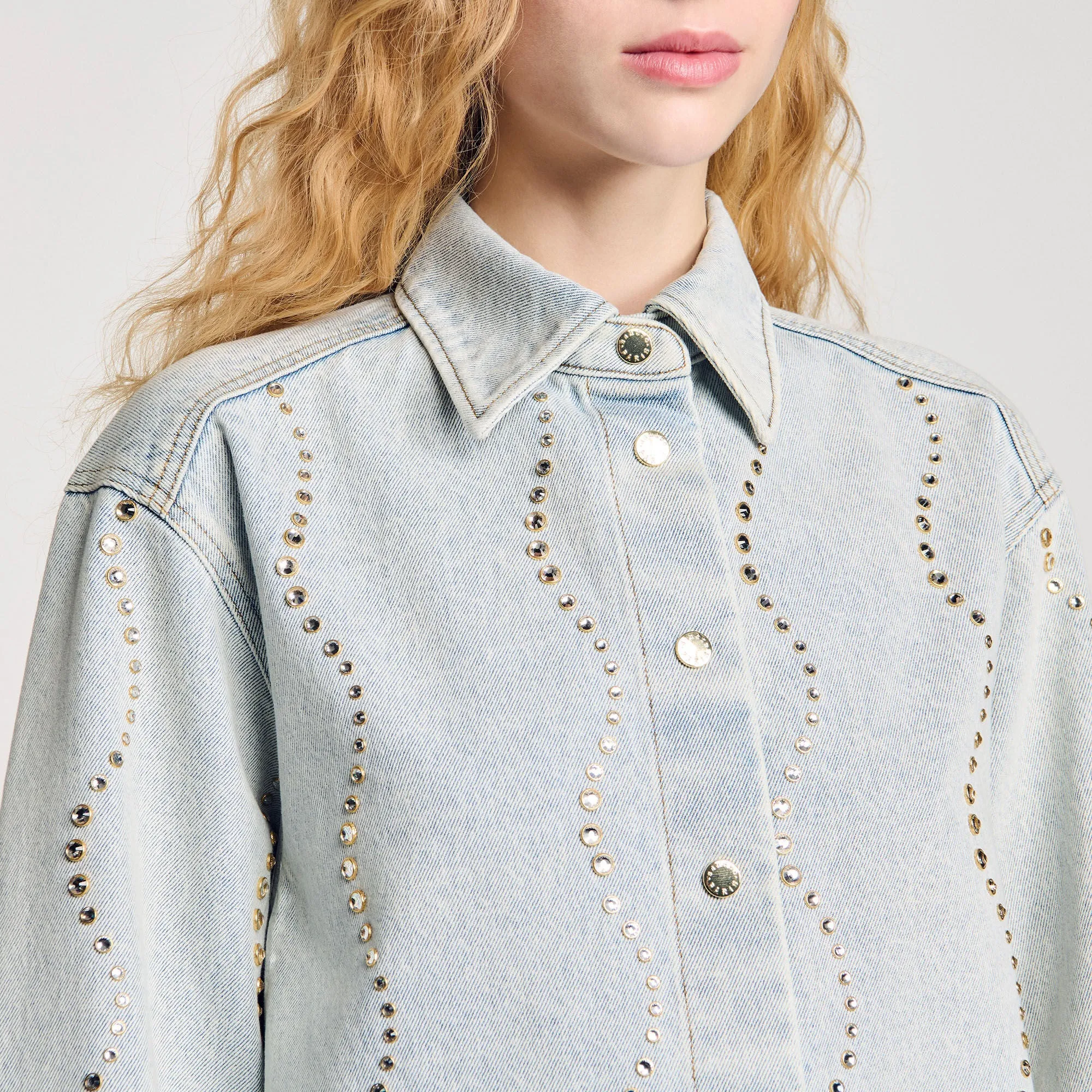 Wave Denim Shirt With Rhinestones Light Bu Jean