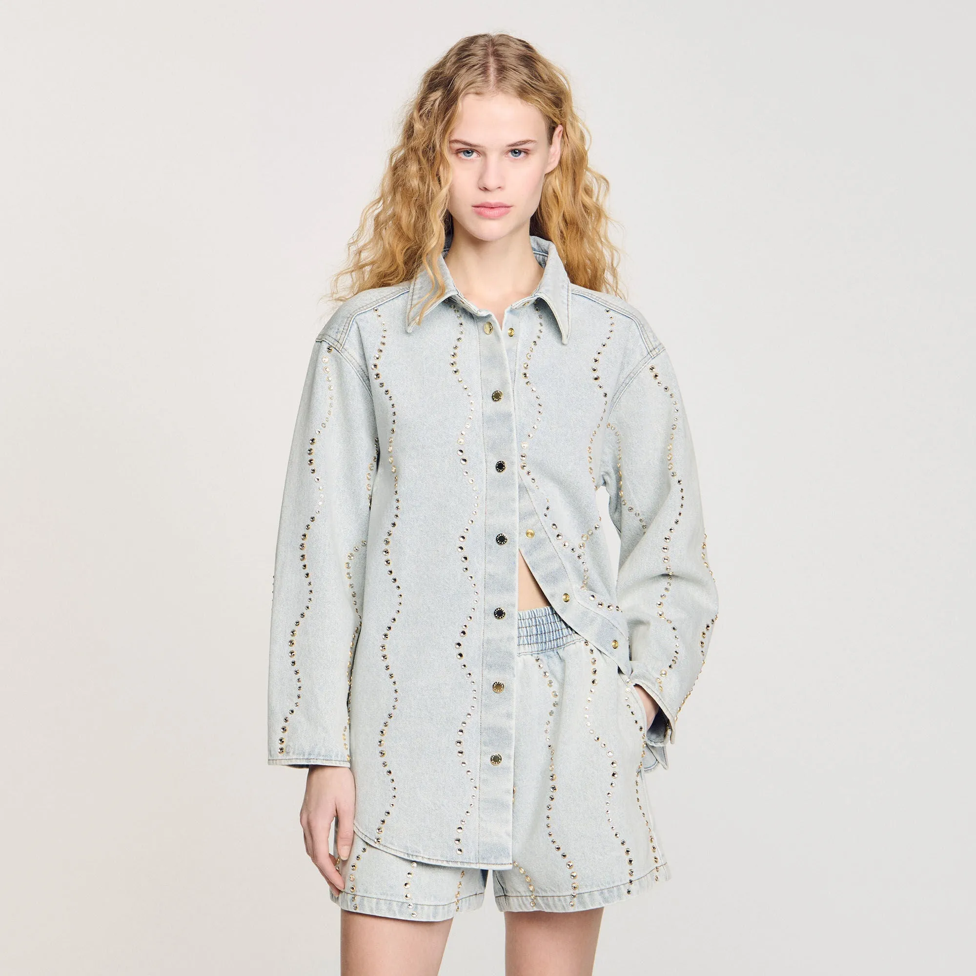 Wave Denim Shirt With Rhinestones Light Bu Jean