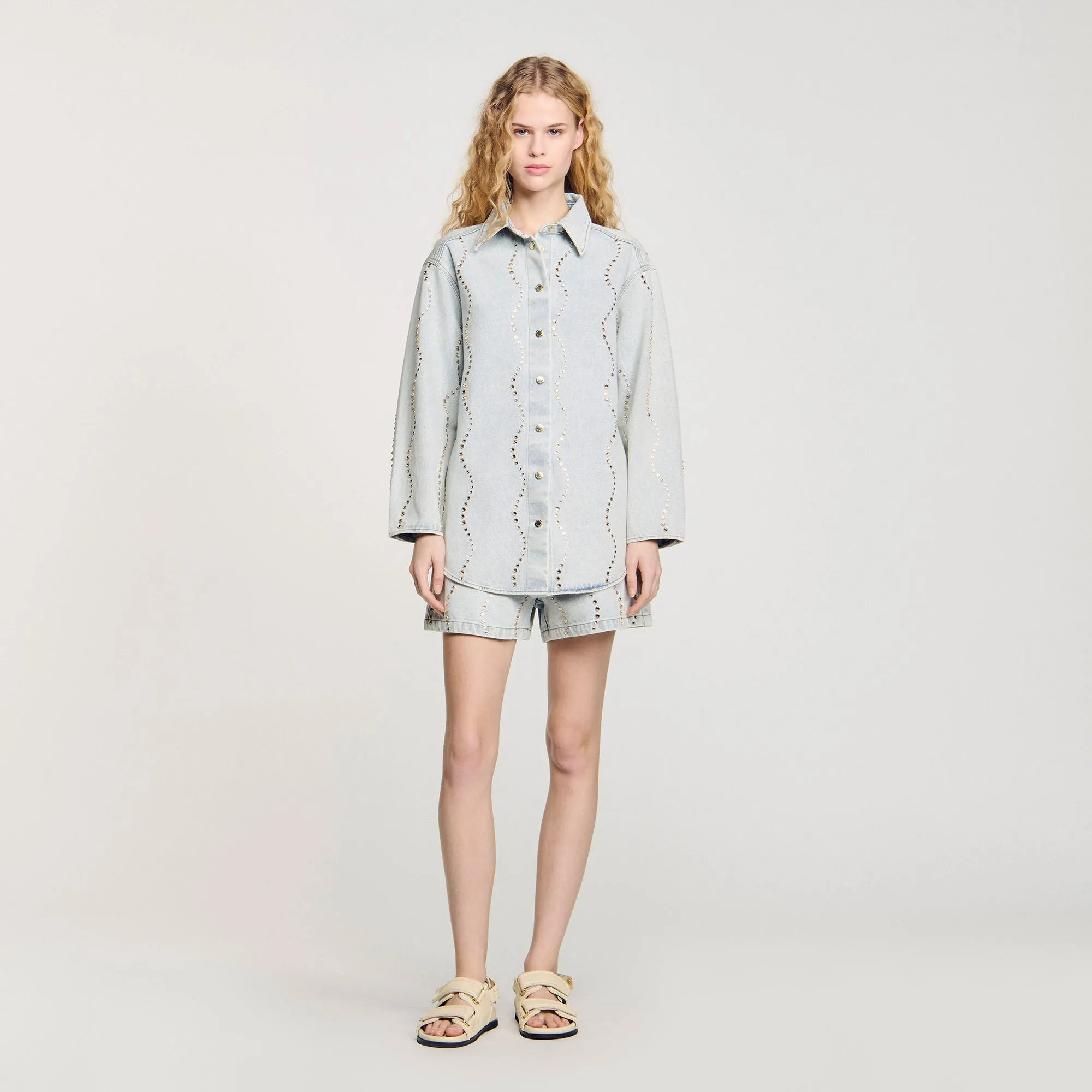 Wave Denim Shirt With Rhinestones Light Bu Jean