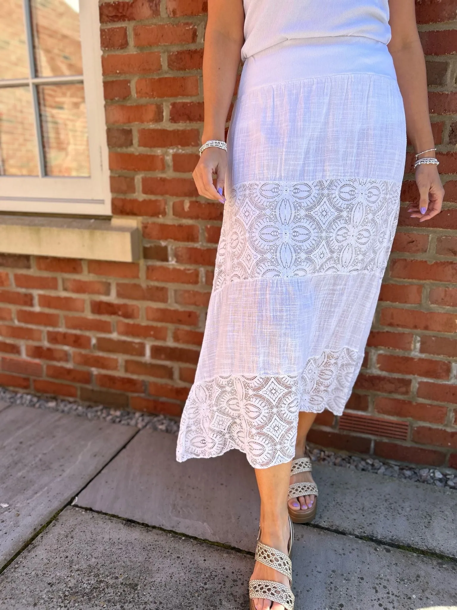 White Lace Block Panel Skirt