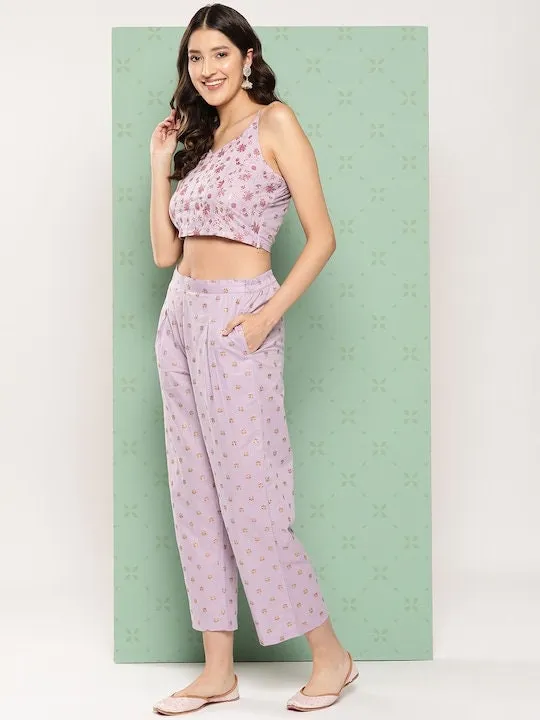 Women Elegant Printed Crop Top with Palazzo And Jacket