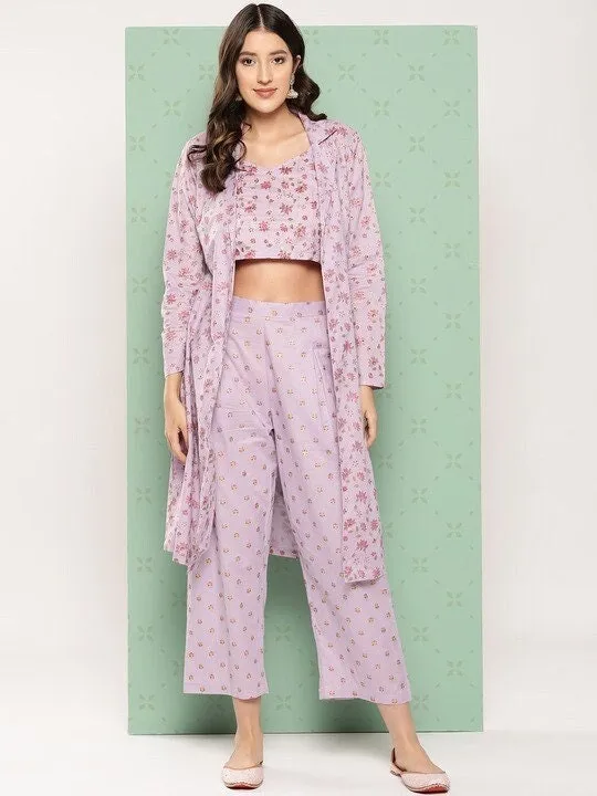 Women Elegant Printed Crop Top with Palazzo And Jacket