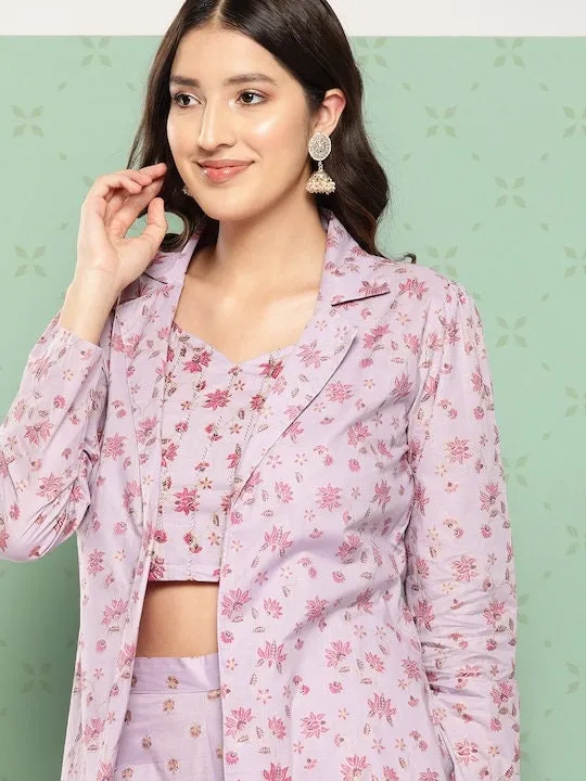 Women Elegant Printed Crop Top with Palazzo And Jacket