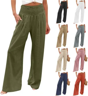 Women Linen Palazzo Pants Summer Elastic High Waisted Wide Leg Long Trousers Lounge Vacation Beach Pant with Pockets