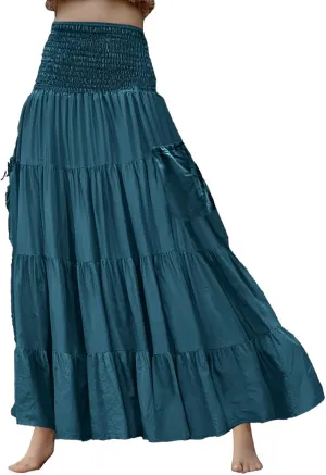 Women Ruffle Maxi Skirt 2025 Casual Boho Flowy Swing Tiered Flared A-Line Pleated Elastic Waist Midi Beach Dress,A005Blue,XL