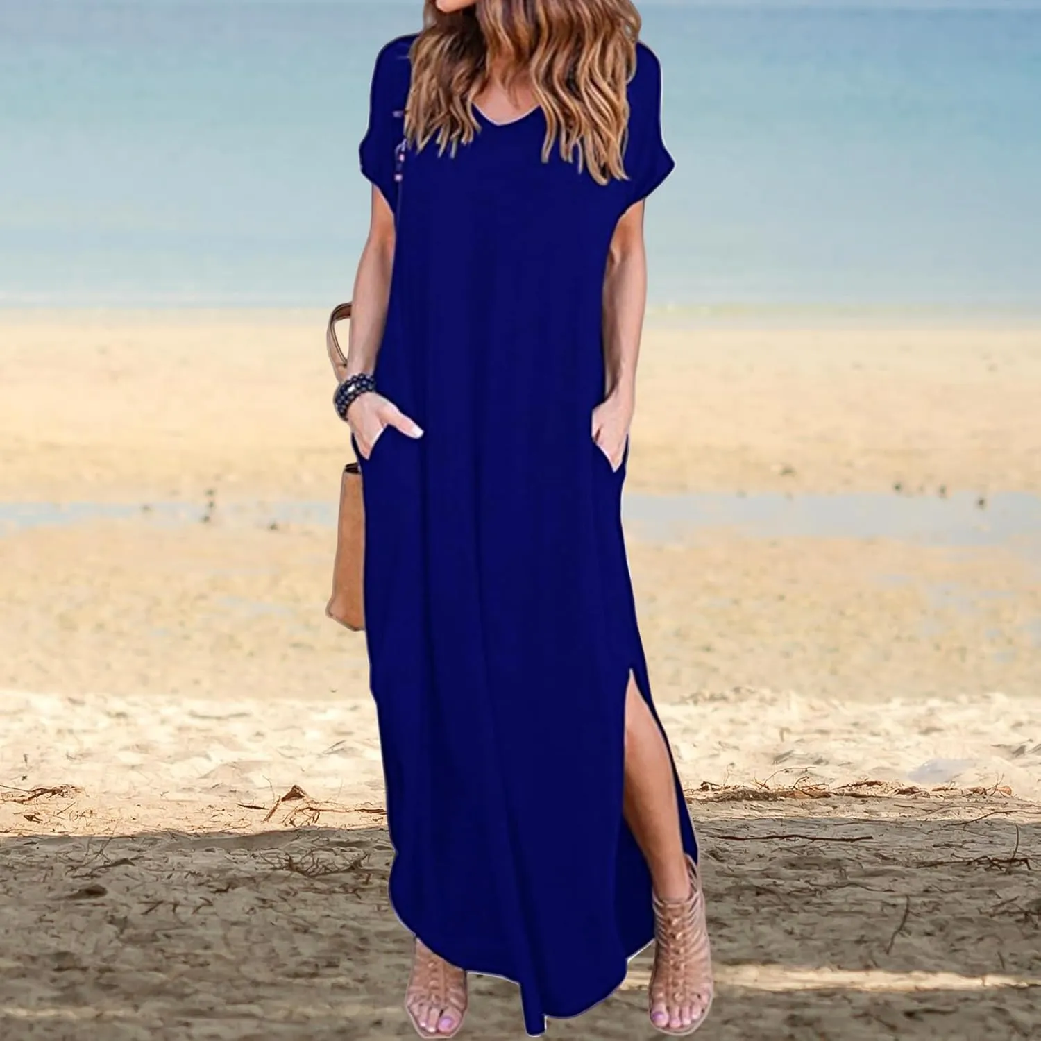 Women Summer Long T Shirt Dress Loose Short Sleeve Split Long Maxi Dresses Casual Beach Sundress Travel Vacation Outfits