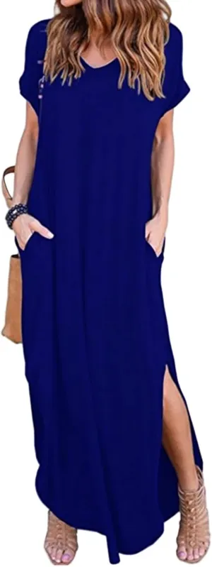 Women Summer Long T Shirt Dress Loose Short Sleeve Split Long Maxi Dresses Casual Beach Sundress Travel Vacation Outfits