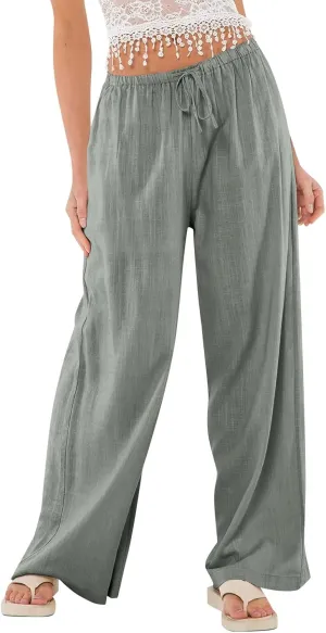 Women Wide Leg Pants Flowy Linen Pants Drawstring High Waisted Summer Baggy Trouser Pant with Pockets (S-2Xl)