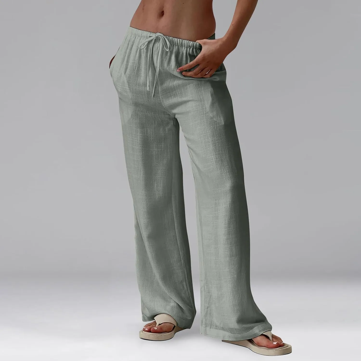 Women Wide Leg Pants Flowy Linen Pants Drawstring High Waisted Summer Baggy Trouser Pant with Pockets (S-2Xl)