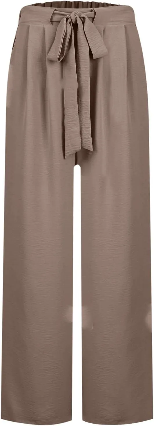 Women's 2025 Summer Lightweight Loose Lace Up High Waist Pants Casual Solid Color Baggy Wide Leg Trousers with Pockets