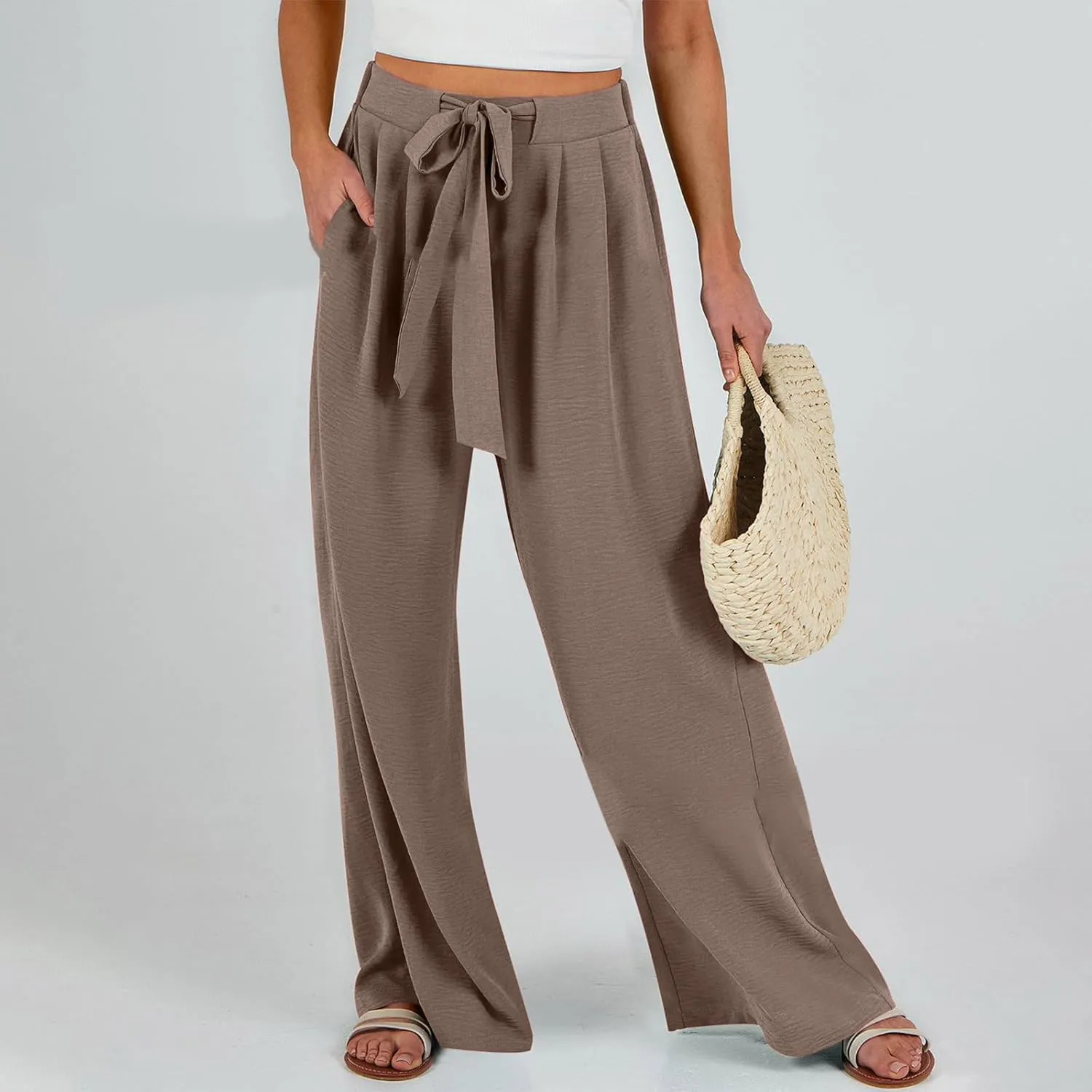 Women's 2025 Summer Lightweight Loose Lace Up High Waist Pants Casual Solid Color Baggy Wide Leg Trousers with Pockets