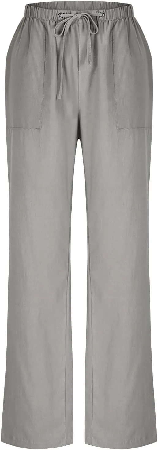Womens Casual Pants Plus Size Summer Linen Pants Drawstring Waist Straight Leg Beach Pants Loose Comfy Work Pants