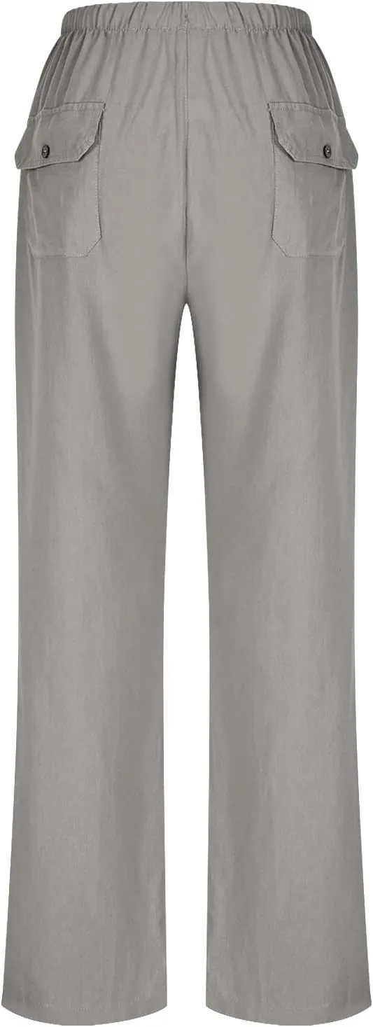 Womens Casual Pants Plus Size Summer Linen Pants Drawstring Waist Straight Leg Beach Pants Loose Comfy Work Pants