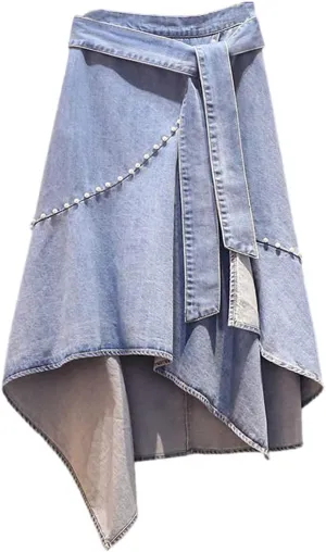 Women's Irregular High Waist Denim Skirt Lotus Leaf Skirt Pearl Denim Half Skirt Casual A-line Denim Skirt