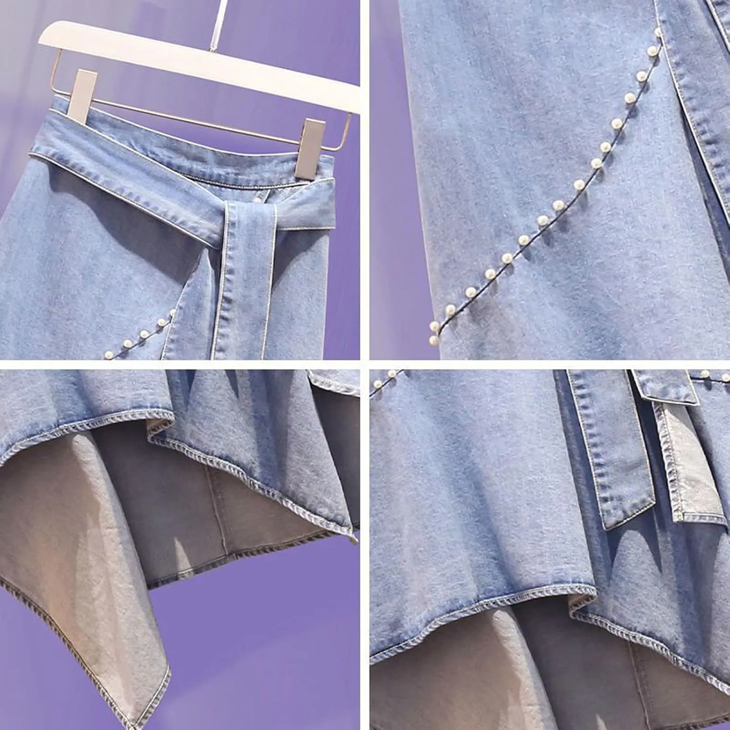 Women's Irregular High Waist Denim Skirt Lotus Leaf Skirt Pearl Denim Half Skirt Casual A-line Denim Skirt