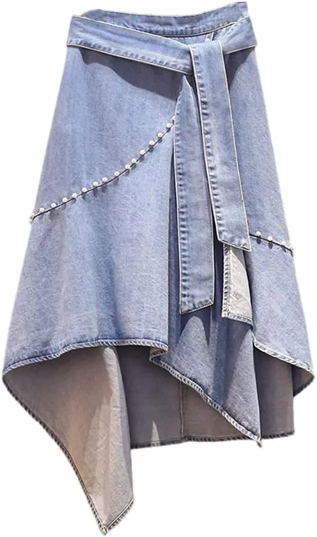 Women's Irregular High Waist Denim Skirt Lotus Leaf Skirt Pearl Denim Half Skirt Casual A-line Denim Skirt