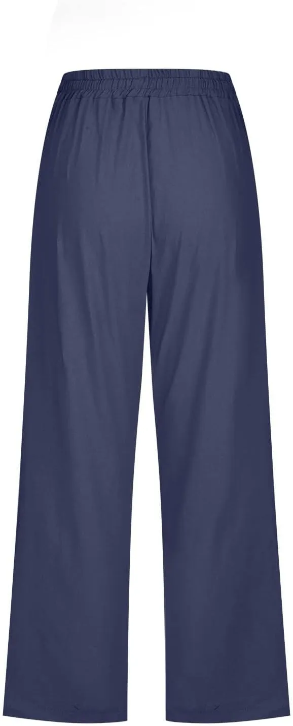 Womens Linen Pants Casual High Waisted Wide Leg Capri Pants Baggy Elastic Drawstring Trousers Summer Beach Trouser