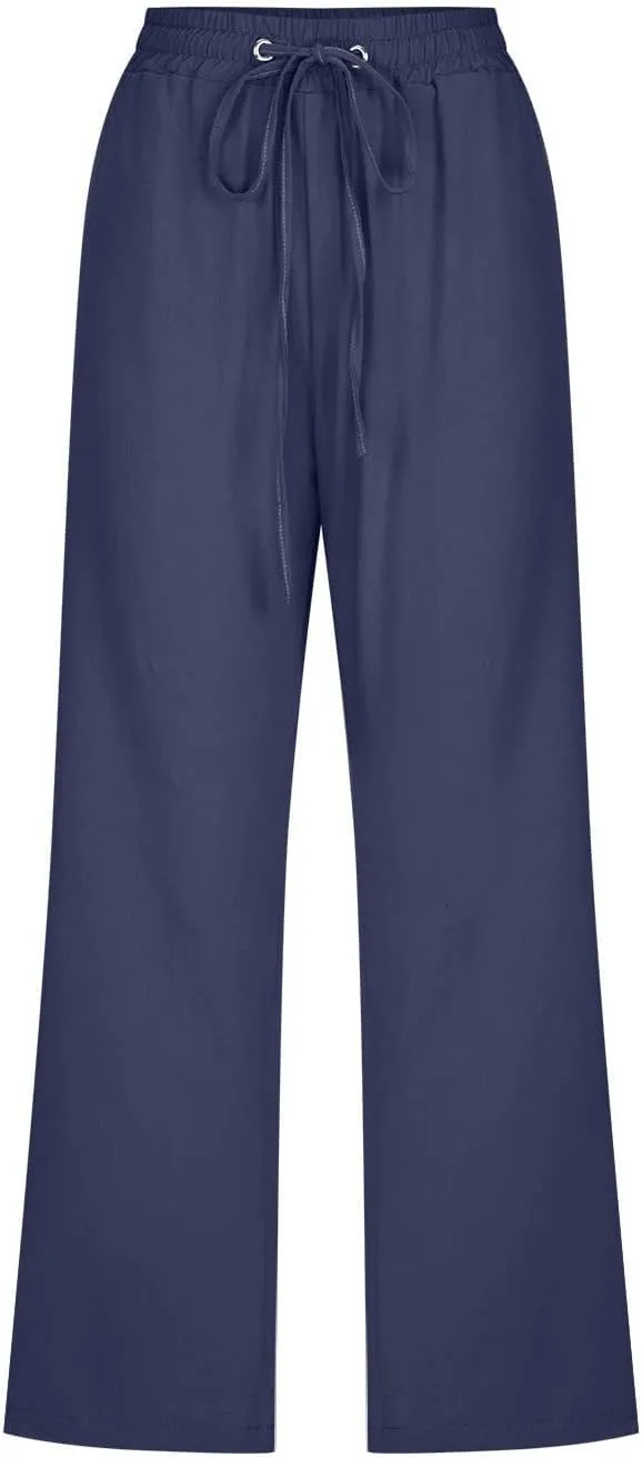 Womens Linen Pants Casual High Waisted Wide Leg Capri Pants Baggy Elastic Drawstring Trousers Summer Beach Trouser
