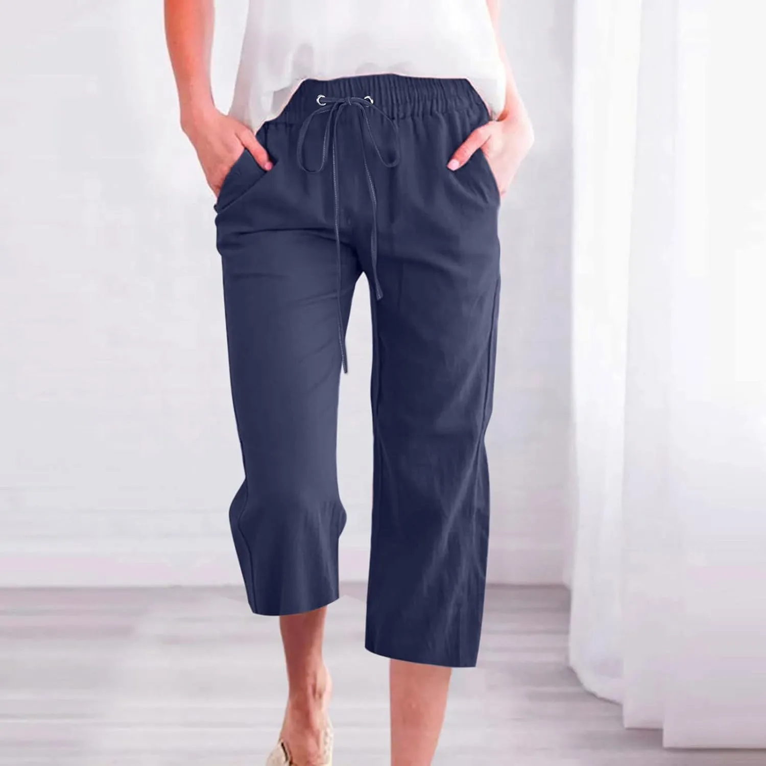 Womens Linen Pants Casual High Waisted Wide Leg Capri Pants Baggy Elastic Drawstring Trousers Summer Beach Trouser