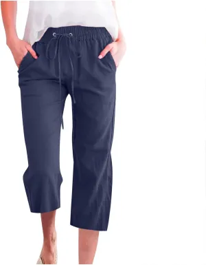 Womens Linen Pants Casual High Waisted Wide Leg Capri Pants Baggy Elastic Drawstring Trousers Summer Beach Trouser