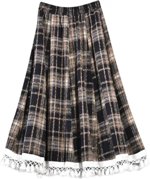 Womens Wool Blend Plaid Skirts Elastic Waist Lace Patchwork Hem Vintage Lattice Knee Length Midi Skirts